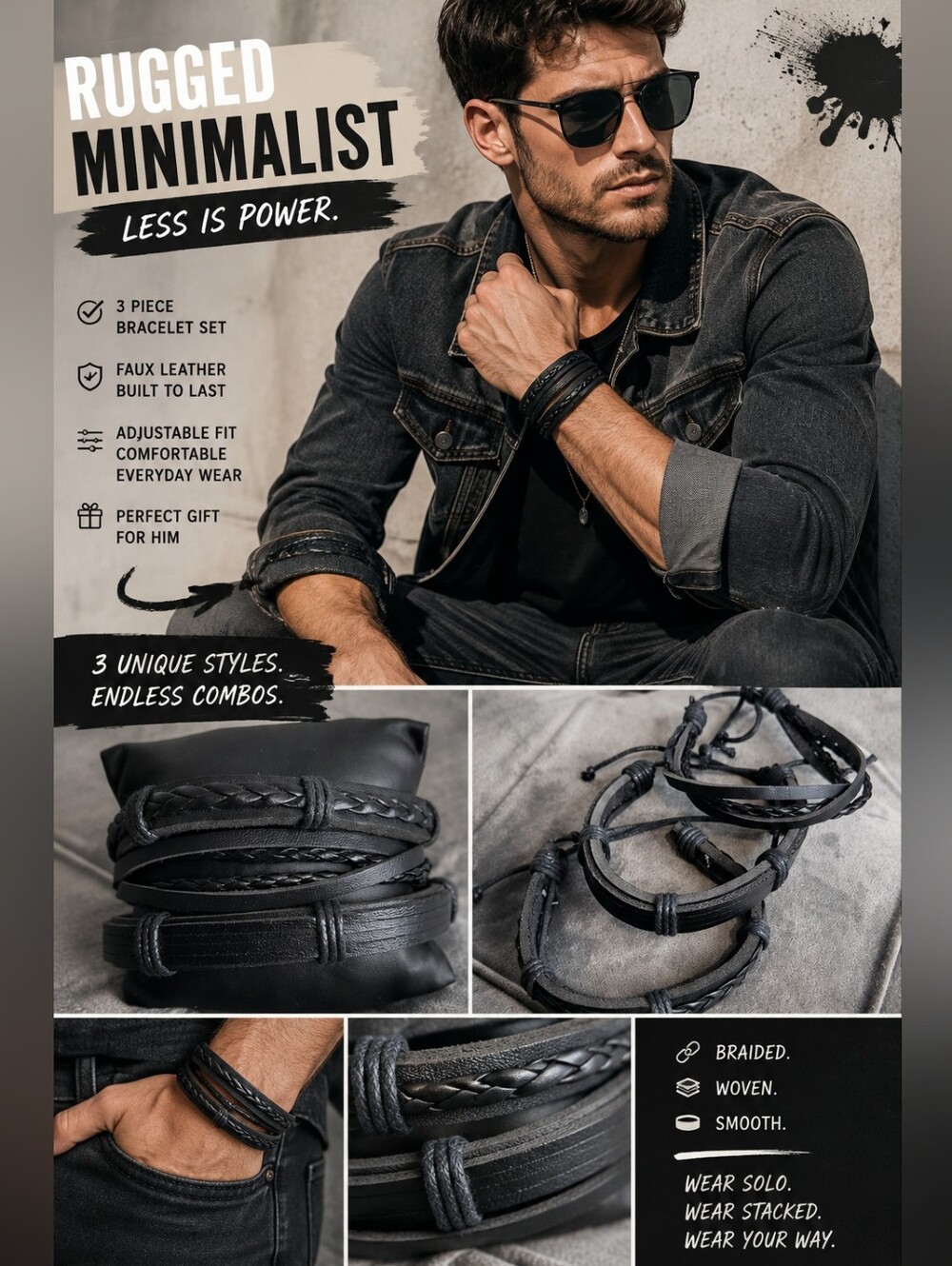 Men’s Faux Leather Bracelet Set | 3-Piece Braided & Layered Black Wristbands - Picture 2 of 4